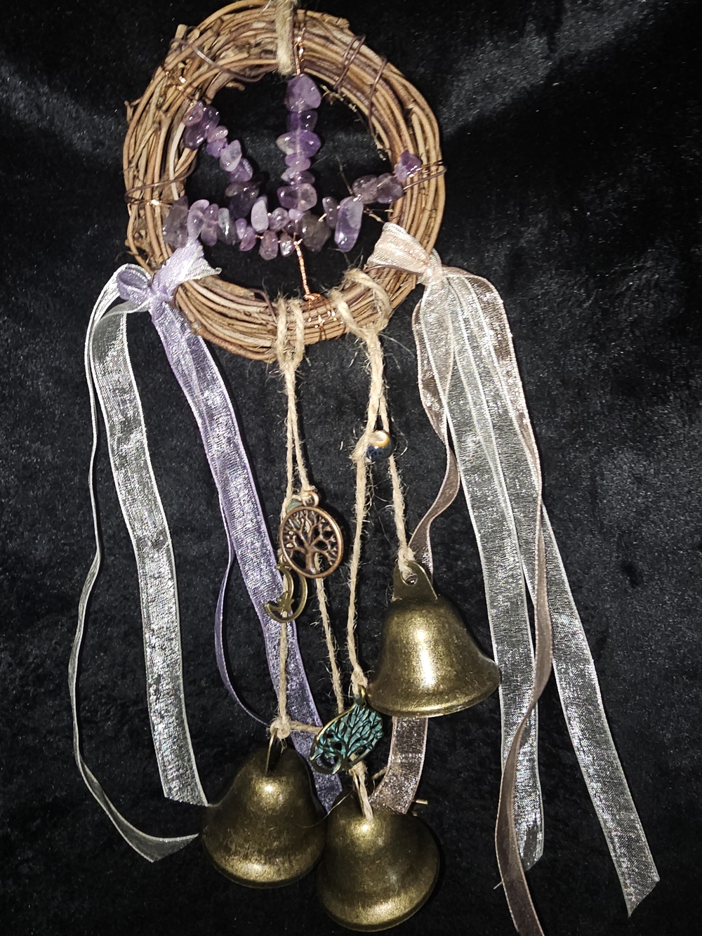 Boho Lavender Amethyst Wind Chime Necklace with Brass Bells